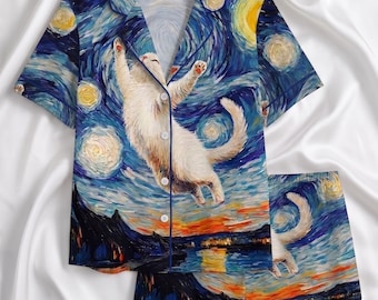 Starry Night Cat Pajamas Set, Art Sleepwear Long & Short, Cute Cat Lover Gift, Satin Silk Loungewear, Aesthetic Cozy Pyjamas