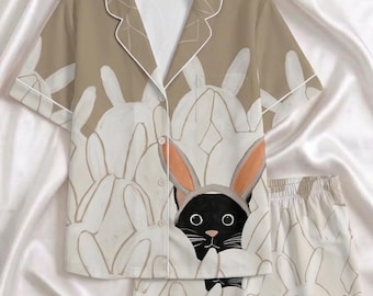Funny Black Cat Pajamas Set, Cute Cat in Rabbit Ears Long Sleeve Pjs, Whimsical Animal Loungewear for Women, Beige Cozy Sleepwear Gift