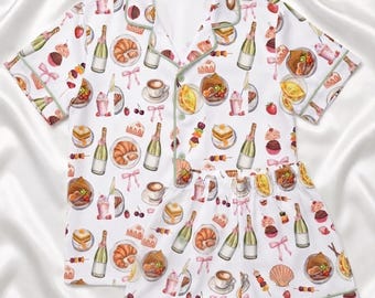 Pastry and Champagne Pajama Set, Bakery Pattern Loungewear, Bridal Party Pajamas, Trendy Co-ord Sleep Set, Cute Foodie Pyjamas Women