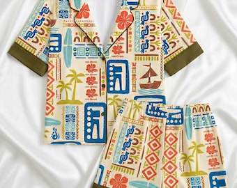 Tropical Print Pjs, Hawaiian Short PJ Set, Beach Vibe Sleepwear, Colorful Loungewear Set, Cruise Vacation Outfit, Comfy Nightwear Women