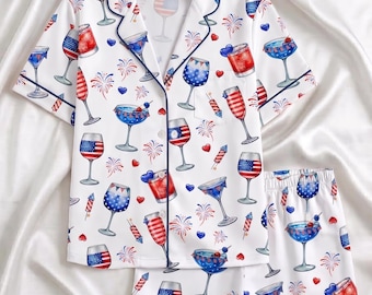 4th Of July Cocktail Pajamas Set, Patriotic Patriotic Drinks Satin Pjs, USA Firework Sleepwear, Independence Day Loungewear Gift For Her