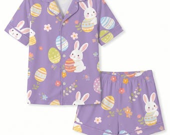 Purple Bunny Pajama Set, Women's Short Sleeve PJs, Cute Animal Print Nightwear, Spring Lounge Set, Bunny Gift, Women's Long Sleeve PJs