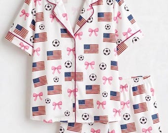 Soccer and Coquette Bow USA Flag Pajamas Set, Cute Fourth of July PJ Shirt and Shorts, Patriotic Loungewear, Soccer Mom Matching Pajama Set