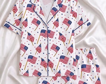 4th of July Pajamas Set, American Flag Short Sleeve Pjs, Patriotic Loungewear for Women, Independence Day Sleepwear, USA Flag Matching Pjs