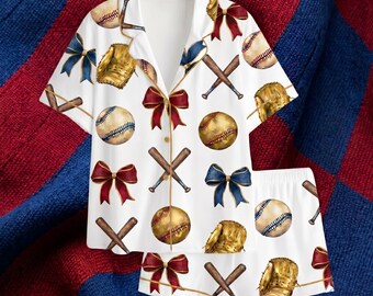 Cute Coquette Baseball Pjs Set, Vintage Baseball Mitt and Bat Long Sleeve PJ, Sports Fan Sleepwear, Cute Bows Loungewear Set, Game Day Gift