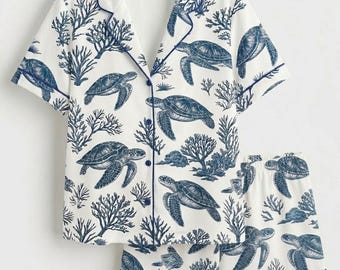 Sea Turtle Pajama Set, Navy Blue Coral Print PJs, Ocean Life Sleepwear, Summer Short Sleeve Nightwear, Beach Lover Gift for Her