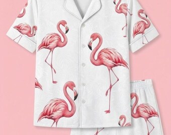 Pink Flamingo Pajama Set, Tropical Bird Print PJs, White Summer Sleepwear, Flamingo Lover Gift for Her, Cute Animal Nightwear, Lounge Set
