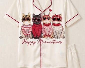 Funny Cat Pajamas, Meowentines Kitten PJs Set, Cute Heart Glasses Cat Sleepwear, Red and Navy Nightwear, Cat Mom Gift, Pajama Set
