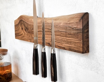 Solid Walnut Knife Holder Wall Mount – Natural Wood Magnetic Kitchen Organizer