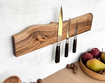 Walnut Magnetic Knife Holder Wall Mount – Space Saving Kitchen Organizer for Knife Storage