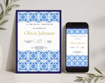 Invitación para despedida de soltera en Portugal, temática de azulejos, despedida de soltera en Lisboa (plantilla digital)
