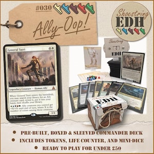 May include: A pre-built Commander deck with a General Tazri card, tokens, life counter, and mini-dice. The box is labeled "Shoestring EDH Ally-Oop!" with a brown tag and shoe graphics. Ready to play, under £50.