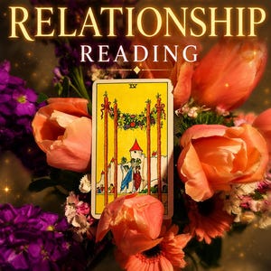May include: A tarot card featuring the Four of Wands illustration, showing two figures under a floral garland between four pillars, surrounded by peach and purple flowers. Text reads: FUTURE OF THIS RELATIONSHIP READING and HONEST INTUITIVE DETAILED THE GUIDANCE YOU NEED FOR LOVE.