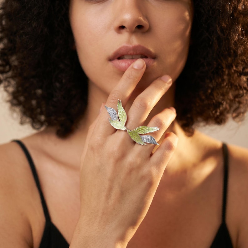 Angel wing enamel statement ring, adjustable silver open ring, meaningful guardian jewelry gift for women, mom, girlfriend