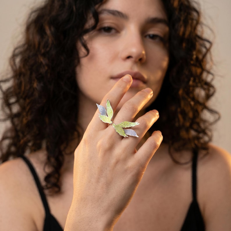 Angel wing enamel statement ring, silver open adjustable band, meaningful guardian jewelry