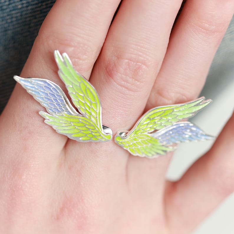 Pu&ograve; includere: Un paio di orecchini a forma di ali argentate. Ogni orecchino presenta un design con dettagli in smalto verde lime e azzurro. Le ali sono esposte su una mano, mettendo in risalto il design e il colore dei gioielli.