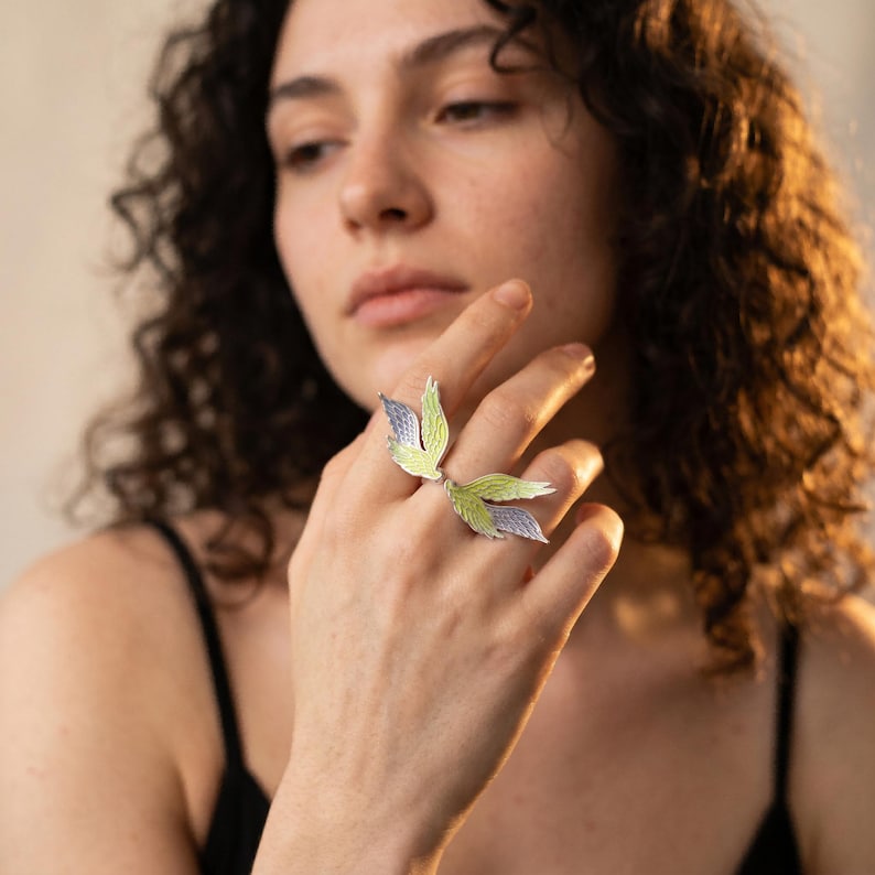 Adjustable silver angel wing ring, enamel statement jewelry, thoughtful gift for her