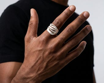 Pure Silver Open Ring Abstract Sculptural Statement Jewelry Handmade Matte Brushed Architectural Design Style