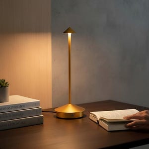 May include: A gold-colored, modern table lamp with a conical base and a slender stem, topped with a triangular shade. The lamp is on a dark wooden surface next to a stack of books and a small potted plant.