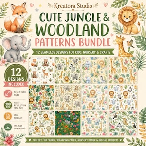 Pode incluir: Um pacote de padrões digitais intitulado CUTE JUNGLE & WOODLAND PATTERNS BUNDLE com 12 designs sem costura apresentando ilustrações de raposas, leões, elefantes, girafas e folhagens tropicais. Inclui arquivos de 12x12 polegadas, 300 DPI, formato JPG.
