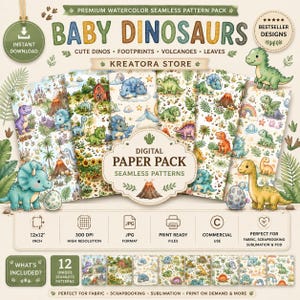 Op de afbeelding: Een digitaal papierpakket met twaalf naadloze aquarelpatronen van babydinosaurussen, vulkanen, bladeren en voetafdrukken. De afbeelding bevat tekstlabels zoals BABY DINOSAURS, KREATORA STORE en technische specificaties van 30,5x30,5 cm.