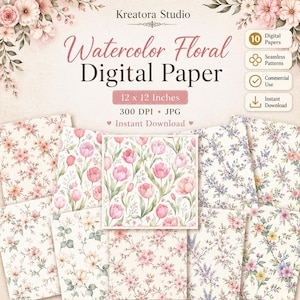May include: A digital paper set titled Kreatora Studio Watercolor Floral Digital Paper featuring 10 seamless patterns. The collection includes various floral designs with pink tulips and blossoms on a 12 x 12 inch format at 300 DPI.