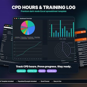 May include: A dark mode Excel spreadsheet template for tracking CPD hours and training logs. The interface displays a dashboard with a colorful pie chart, bar graphs, a line chart, and a radar chart. Text includes CPD HOURS & TRAINING LOG.