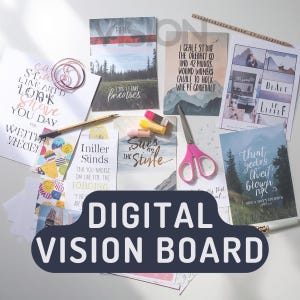 Könnte beinhalten: Eine Ansammlung von bedruckten Karten, Schreibwaren und Bürobedarf auf einer weißen Oberfläche. Enthält eine rosa Schere, einen goldenen Stift und den Text "DIGITAL VISION BOARD". Die Karten zeigen verschiedene Designs und Zitate.