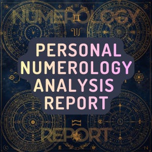 May include: A dark blue background with gold astrological charts and the text "PERSONAL NUMEROLOGY ANALYSIS REPORT" in a gradient of yellow and pink. The word "REPORT" is also displayed at the bottom.