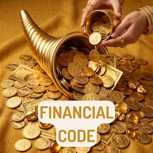 May include: A golden cornucopia overflowing with gold coins and currency, with the text "FINANCIAL CODE" in a white and tan banner. The image conveys wealth and prosperity.