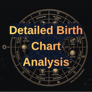 Könnte beinhalten: Grafik zur detaillierten Geburtshorizontanalyse mit astrologischen Symbolen und Text. Das Design zeigt ein kreisförmiges Horoskop mit Tierkreiszeichen, Planeten und Häusern, alles vor einem dunkelblauen Hintergrund. Die Worte "Detailed Birth Chart Analysis" sind prominent dargestellt.