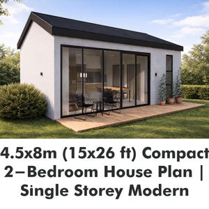 May include: A modern, single-storey house plan with a compact design. The white exterior features black trim and large glass doors. The house measures 4.5x8m and includes a wooden deck and a green lawn.