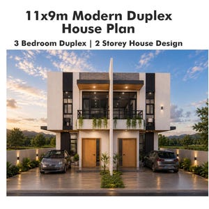 May include: A 11x9m modern duplex house plan featuring a 3 bedroom duplex and 2 storey house design. The structure is a two-story building with white walls, wooden doors, black accents, and balconies with hanging plants, with two cars parked in front.