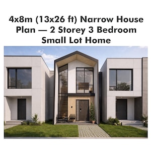 May include: Architectural rendering of a modern, narrow house plan. The image shows a two-storey home with three bedrooms, designed for a small plot. The text on the image reads: 4x8m (13x26 ft) Narrow House Plan - 2 Storey 3 Bedroom Small Lot Home.