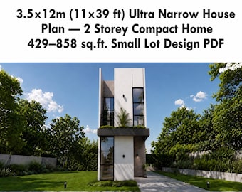 Projekt domu ultrawąskiego – kompaktowy, dwupiętrowy, 3,5 x 12 m, na małej działce (PDF, CAD)