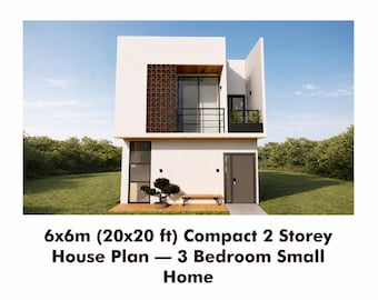 6 x 6 m (20 x 20 stóp) Projekt kompaktowego domu z 3 sypialniami – nowoczesny, 2-piętrowy, PDF + CAD