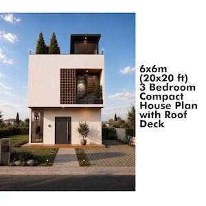 Peut inclure: Une maison blanche moderne à deux étages avec un toit plat et une terrasse sur le toit. La maison comprend une porte d'entrée gris foncé, une terrasse en bois et un petit arbre en pot. Le texte indique : 6x6m (20x20 ft) 3 Bedroom Compact House Plan with Roof Deck.