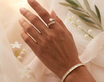 Pulsera rígida de acero con circonitas, elegantes joyas tipo brazalete, anillo de circonitas y perlas, joyería de boda, regalo para ella, Día de la Madre,