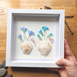 Sea Glass Flower Shell Art | Coastal Framed Picture, Blue Green Pink Blooms