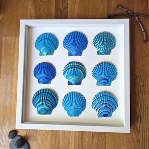 Può includere: Un'opera d'arte incorniciata con nove disegni di conchiglie blu. Ogni conchiglia è di una tonalità diversa di blu, con alcuni accenti dorati o verdi. Le conchiglie sono disposte a griglia all'interno di una cornice bianca.