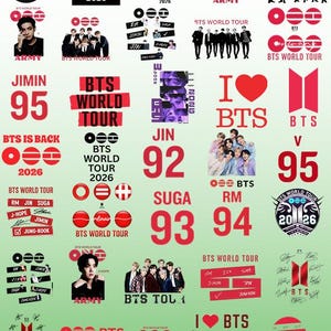 以下が含まれることがあります： BTSワールドツアーのグラフィックと画像のコレクション。バンドのロゴ、メンバーの写真、"BTS World Tour 2026"や個々のメンバーの名前と数字などのテキスト要素が特徴です。配色は主に赤、白、黒です。