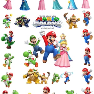 May include: A collage of characters from "The Super Mario Galaxy Movie." The image features Mario, Luigi, Princess Peach, Yoshi, Bowser, and other characters. The characters are in various poses, with a white background.