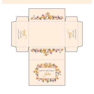 Op de afbeelding: Een verjaardagsdoos sjabloon met een bloemenontwerp. De doos is beige met bloemaccenten in roze, geel en grijs. De tekst "BIRTHDAY BOX TEMPLATE" staat bovenaan. De doos bevat de tekst "Happy Birthday Julia".