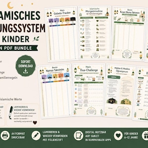 Könnte beinhalten: Ein 9-seitiges PDF-Bundle für ein islamisches Belohnungssystem für Kinder, das Gebets-Tracker, Quran-Lese-Tracker und Morgenroutinen enthält. Die Seiten sind mit Laternen und Monden illustriert und enthalten Texte auf Deutsch und Türkisch für den Gebrauch.