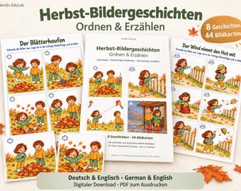 May include: A digital download set titled Herbst-Bildergeschichten featuring 44 illustrated picture cards for 8 stories. The pages show children in autumn scenes with falling leaves, kites, and wind, including text in German for sequencing and storytelling activities.