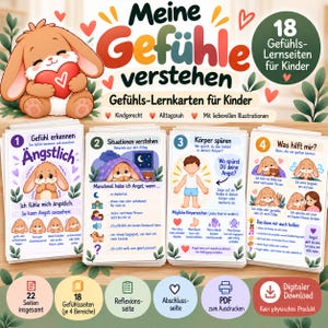 Op de afbeelding: Een set educatieve leerkaarten voor kinderen getiteld Meine Gefühle verstehen, voorzien van illustraties van een bruin konijn. De kaarten bevatten Duitse tekst, genummerde secties en kleurrijke afbeeldingen die emoties, lichaamsgevoelens en copingstrategieën uitleggen.