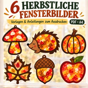 Op de afbeelding: Een digitale download met 6 herfstachtige raamdecoraties in A4 PDF-formaat. De ontwerpen bevatten een paddenstoel, egel, pompoen, blad, eikel en appel, allemaal gevuld met een mozaïek van rood, oranje en geel transparant papier.