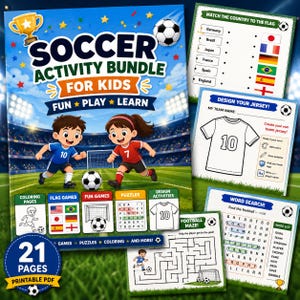 Könnte beinhalten: Ein Fußball-Aktivitätenpaket für Kinder mit 21 druckbaren Seiten. Das Cover zeigt zwei Zeichentrickkinder, die auf einem Spielfeld Fußball spielen, mit dem Text Soccer Activity Bundle For Kids Fun Play Learn. Enthält Flaggen-Spiele und Wortsuchrätsel.