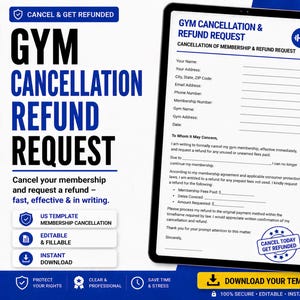 Pode incluir: Um modelo digital para pedidos de cancelamento e reembolso de associação de ginásio. O documento é exibido num tablet e inclui campos para informações pessoais e um pedido de reembolso. O design é em azul e branco com ícones e texto.