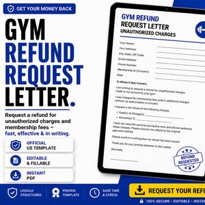 Pode incluir: Um modelo digital para uma carta de pedido de reembolso de academia, exibido em um tablet e páginas impressas. O texto inclui "Gym Refund Request Letter" e "Request Your Refund Today". O design apresenta elementos azuis e brancos, com ícones de segurança e edição.